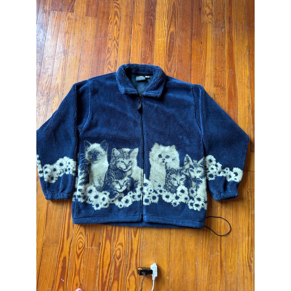 Vintage Navy Blue Cat Floral Sherpa Fleece Zip Up Jacket Large